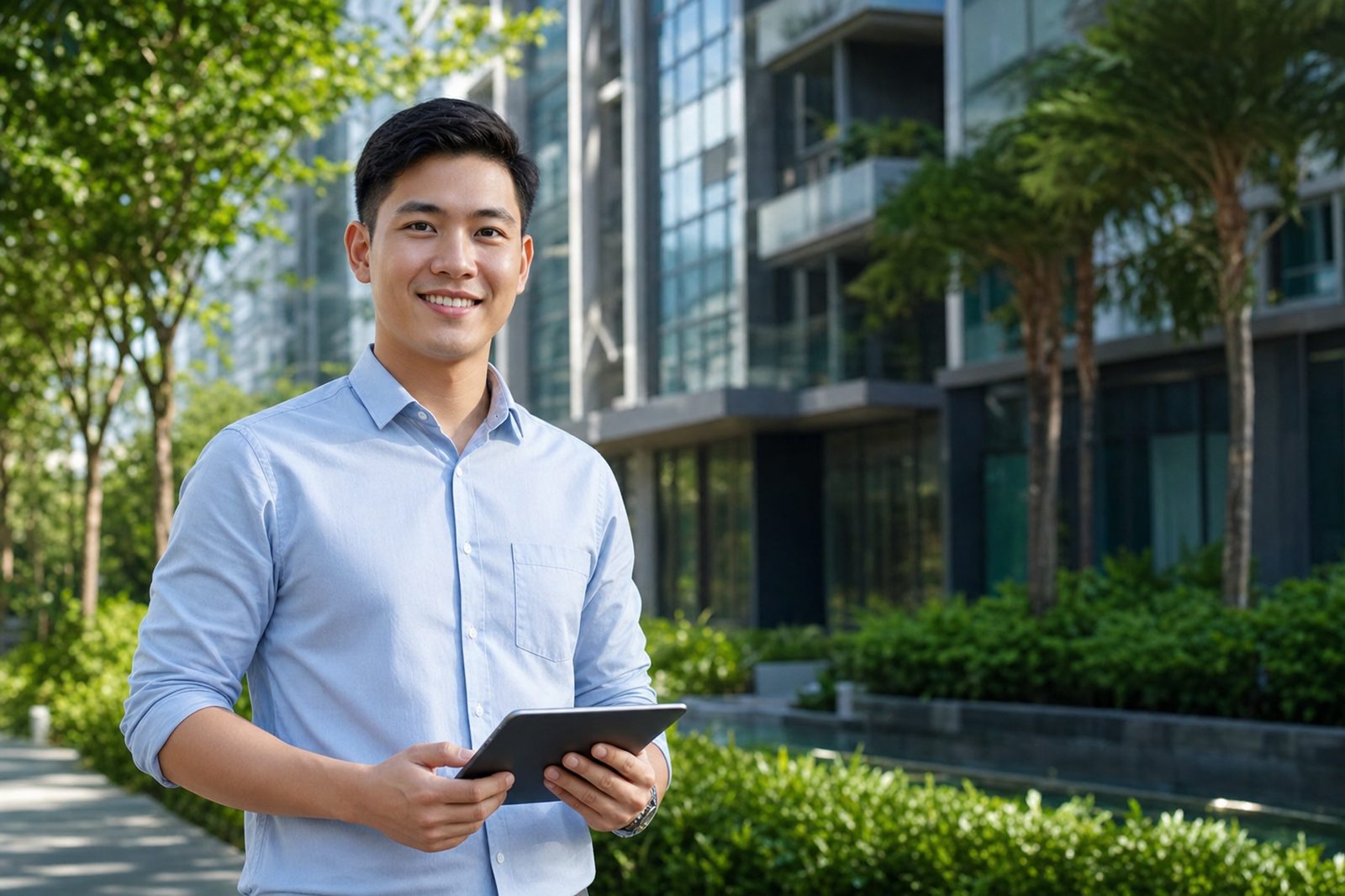 Malaysian real estate negotiator standing outside a Kuala Lumpur condominium