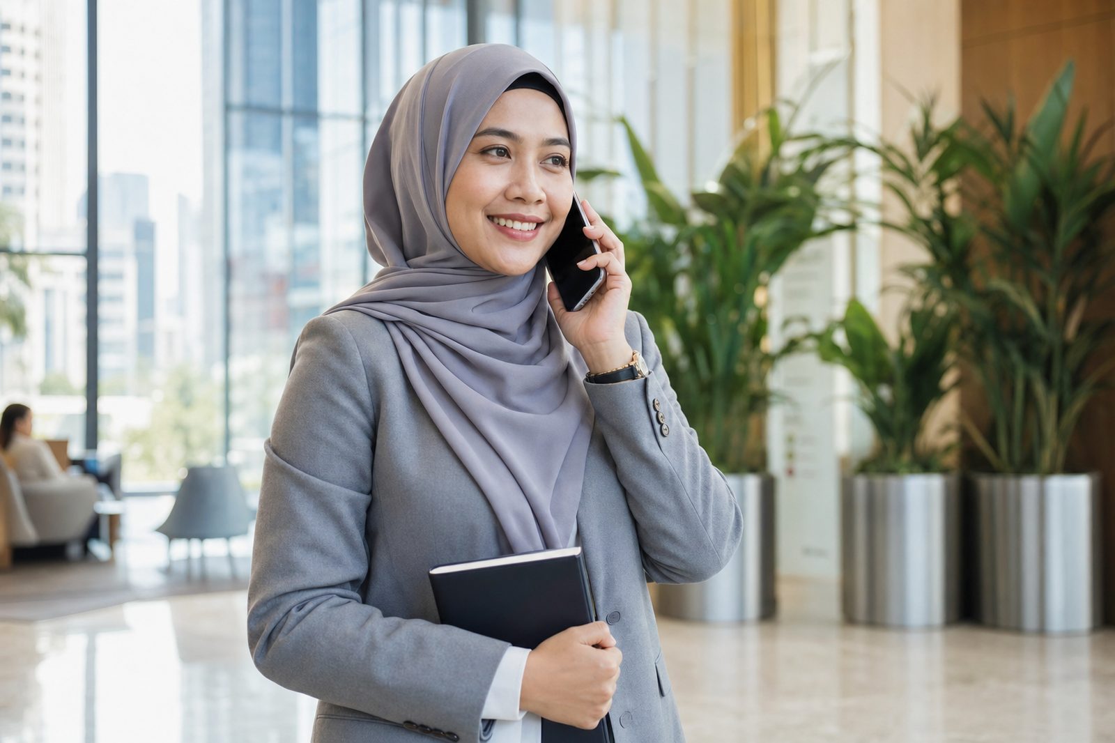 Malaysian professional on a phone call in a Kuala Lumpur office lobby