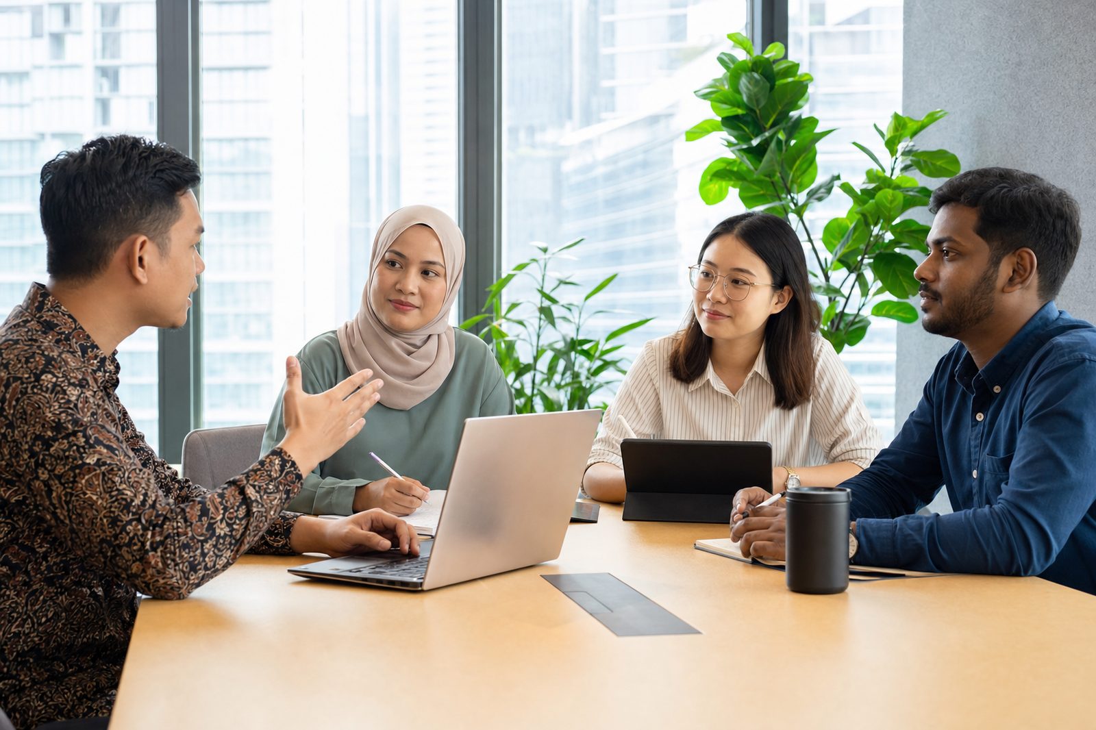 Malaysian working adults discussing study material in a Kuala Lumpur meeting room