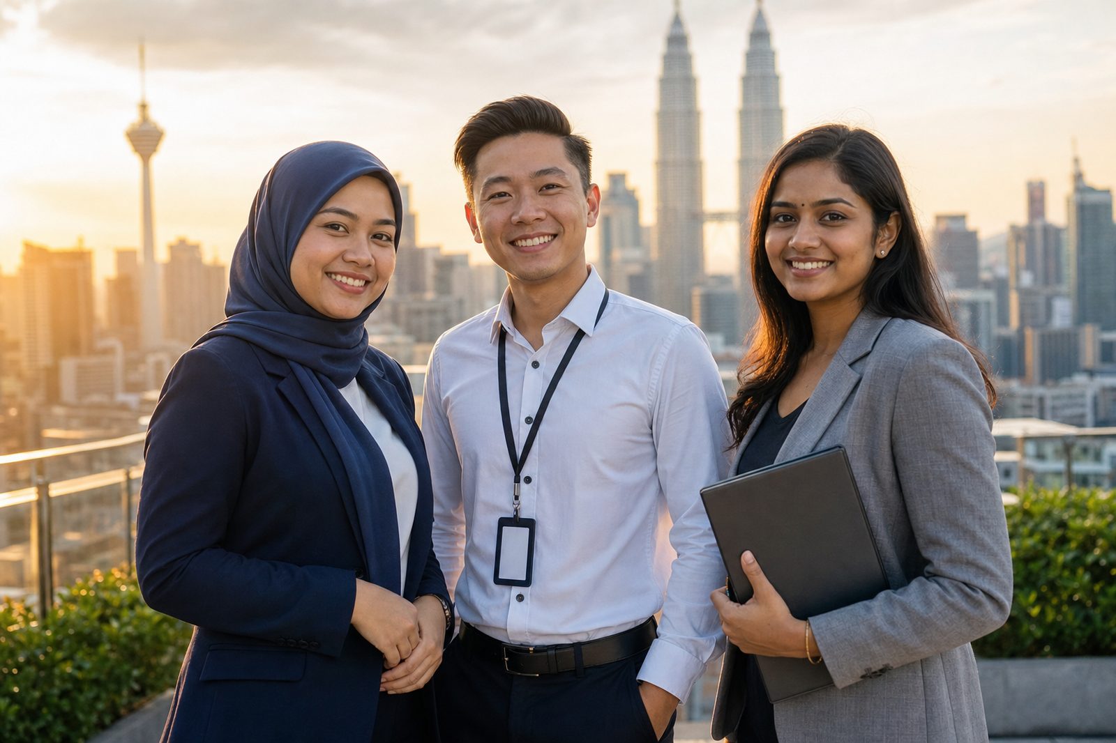 Malaysian real estate professionals on a rooftop overlooking the Kuala Lumpur skyline