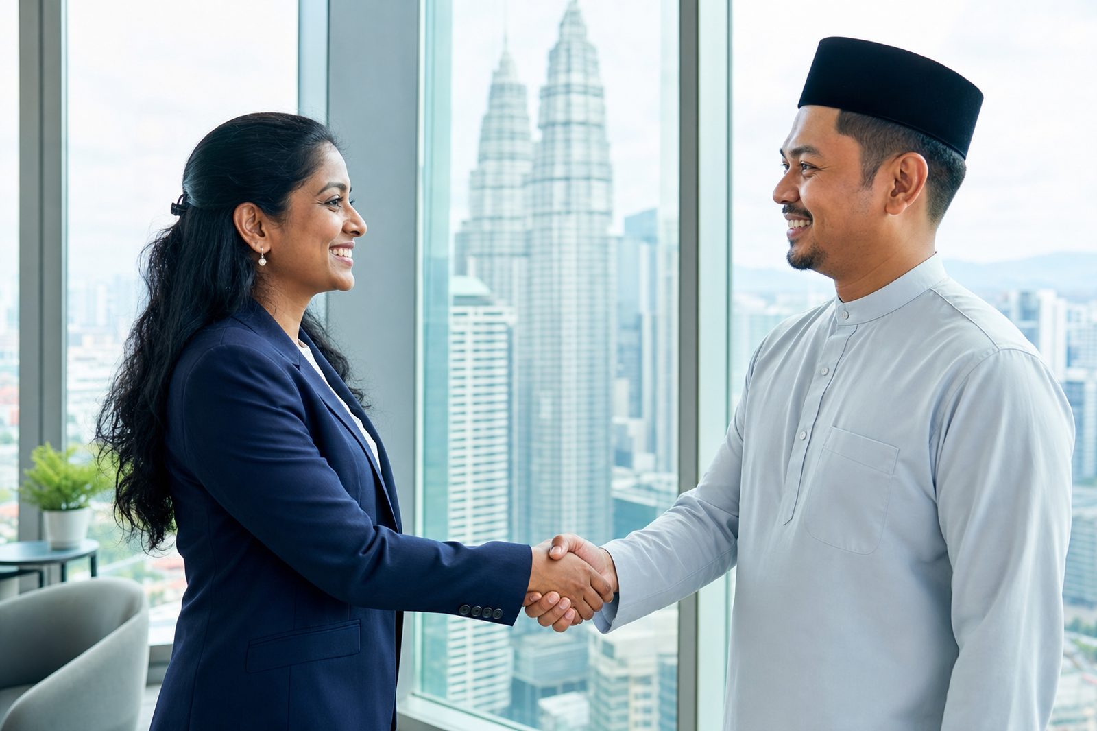 Two Malaysian professionals shaking hands in a Kuala Lumpur office