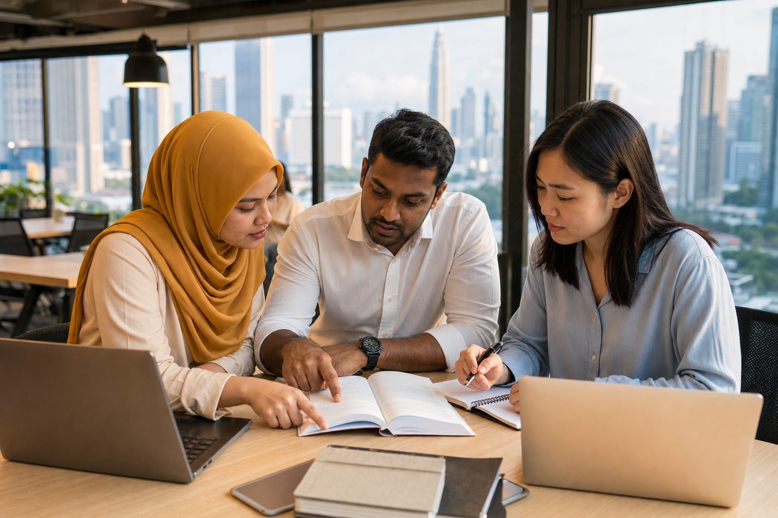 Malaysian working adults studying together in Kuala Lumpur
