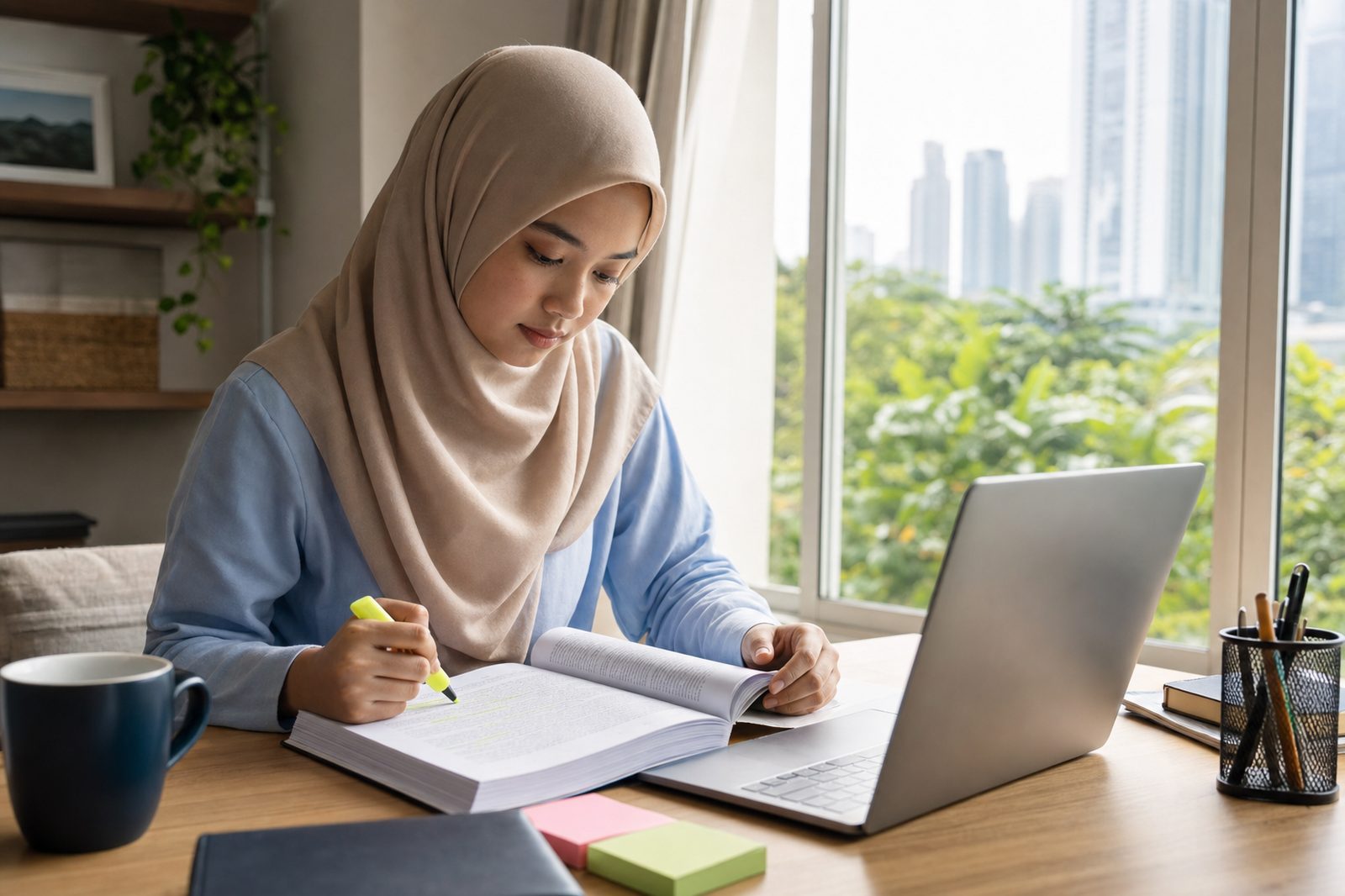 Malaysian professional studying RISM exam notes at her desk in Kuala Lumpur